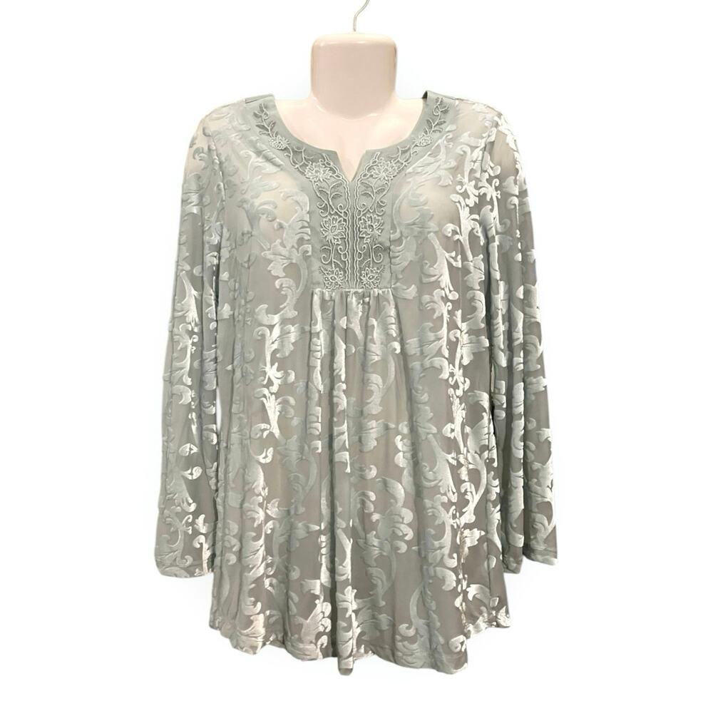 Indigo Soul Women’s Pale Sage Burnout Velvet Semi-Sheer Tunic Boho Charm SZ M